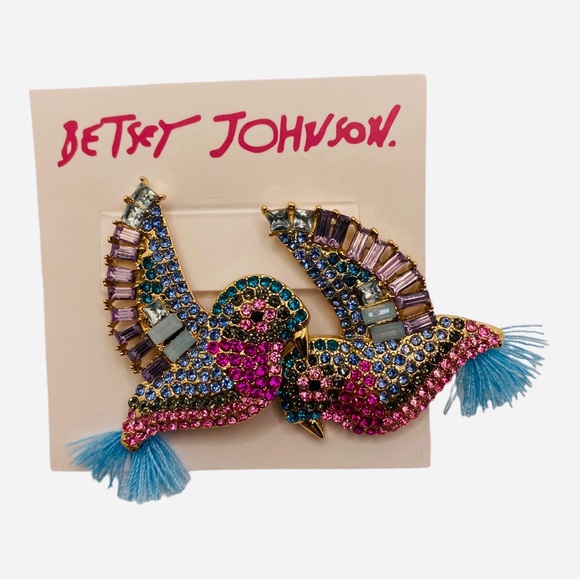 Betsey Johnson Hummingbirds Earrings w “Tailfeathers”. Very Colorful. NWOT - Picture 2 of 2